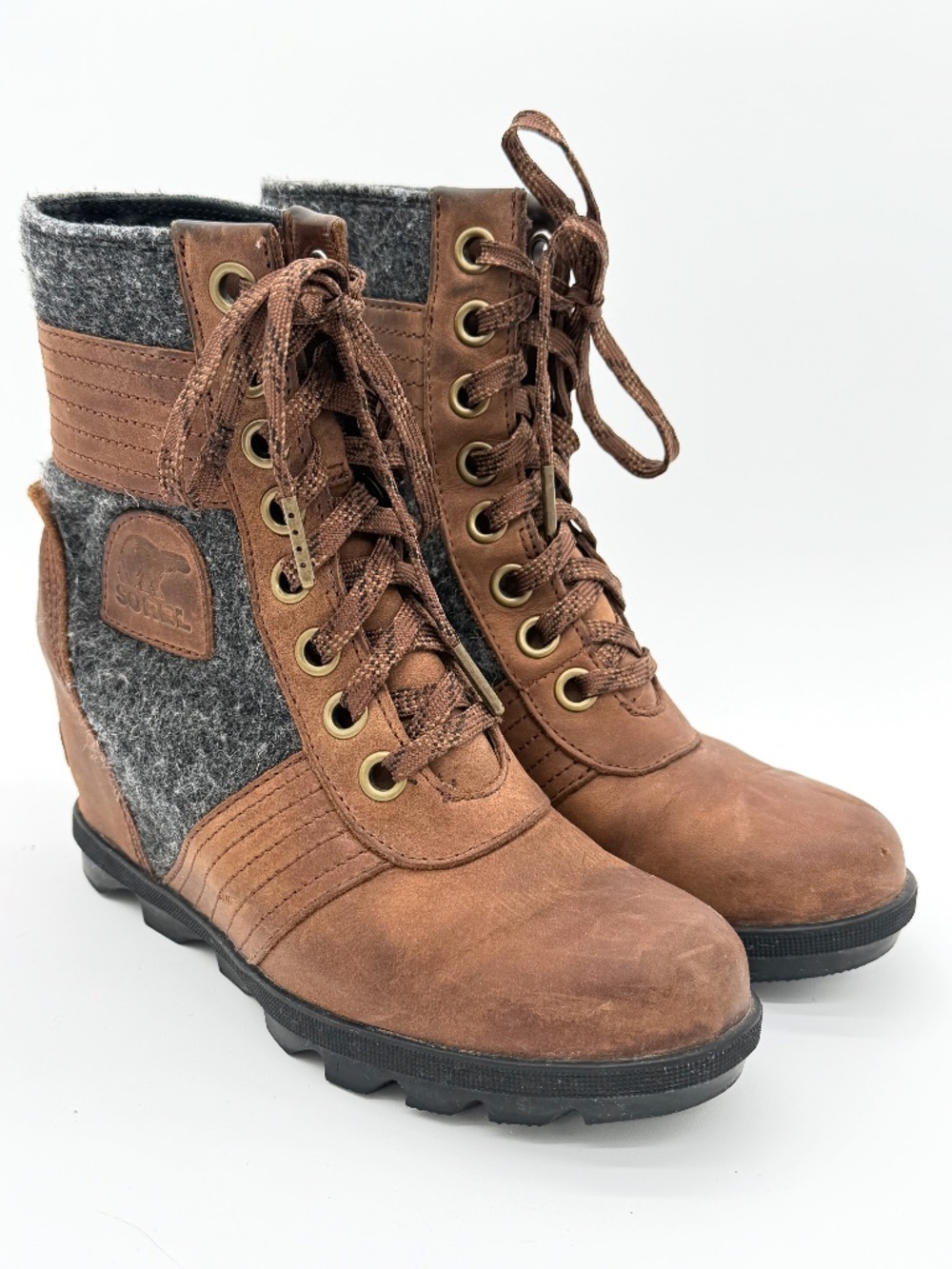 Sorel Joan of Arctic Lexie Wedge Boots Brown Leather Grey Felt Women's Size 7
